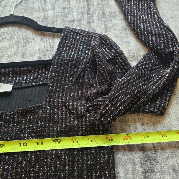 LOFT Sweater Womens Medium Black Rainbow Metallic Long Sleeve Square Neck Top - Picture 6 of 9